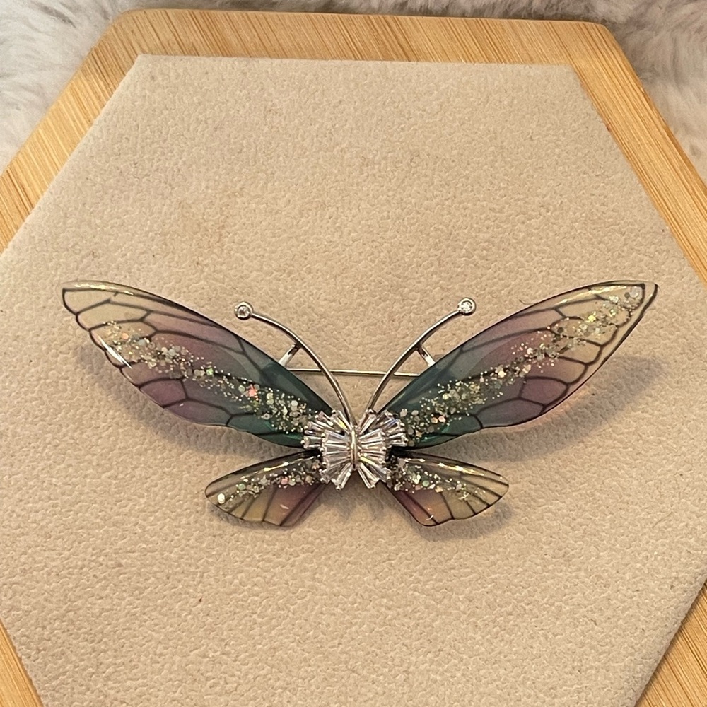 Iridescent Butterfly Brooch Enamel Rhinestone Wing Statement Pin